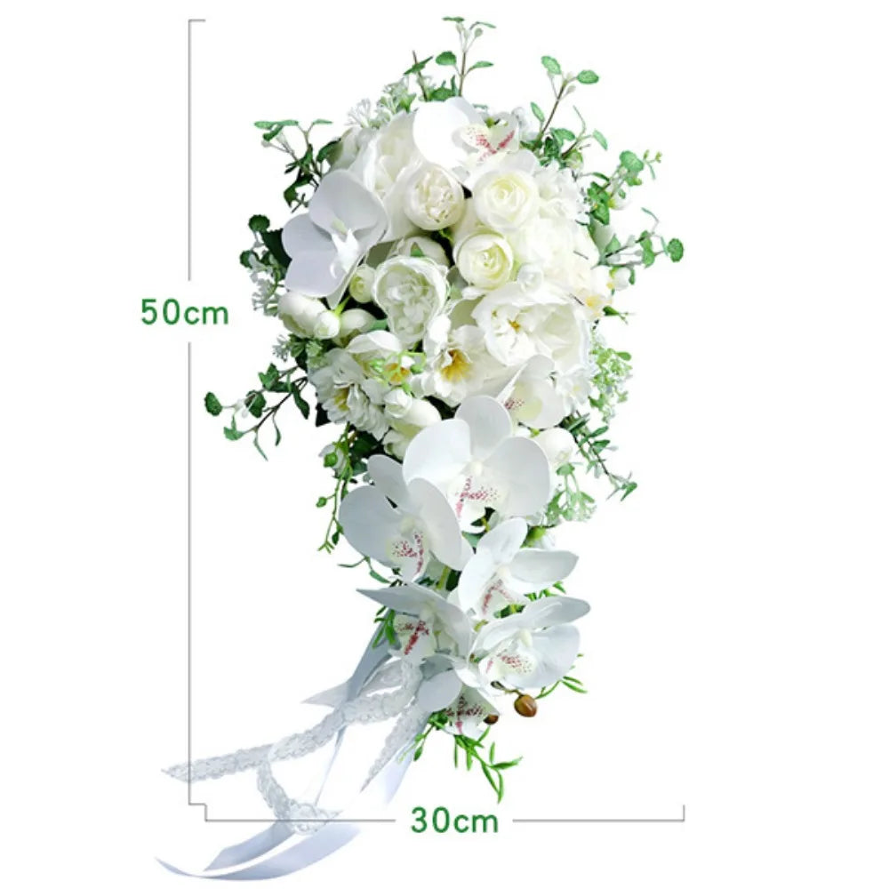 Simple White Moth Orchid Wedding Bouquets for Wedding Ceremony Silk Rose Water Drop Waterfall Buquê De Noiva Para Casamento