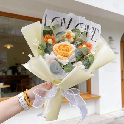 Handmade Finished Crochet Roses Sunflower Carnation Artificial Flower Bouquets Preserved Wedding Birthday Gradation Gifts