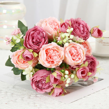 Artificial Roses Bundles of Silk Flowers Handmade Plastic Artificial Flowers Home Flower Arrangement Peony Wedding Decoration