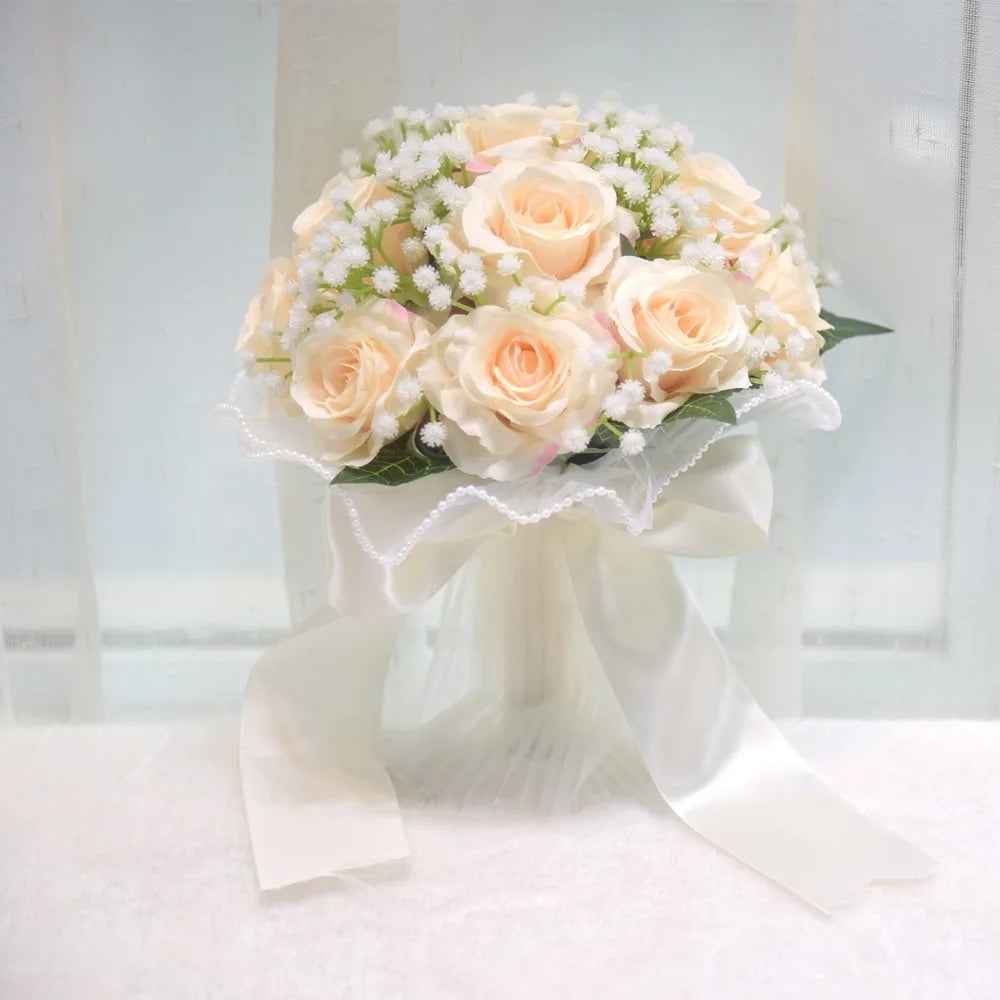 Baby's Breath Romantic Wedding Bouquets Artificial Silk Flowers Exquisite Bridal Bouquet Ribbon Pearl Lace White Rose Bouquet