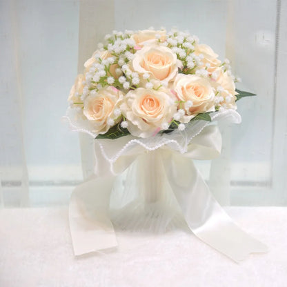 Baby's Breath Romantic Wedding Bouquets Artificial Silk Flowers Exquisite Bridal Bouquet Ribbon Pearl Lace White Rose Bouquet