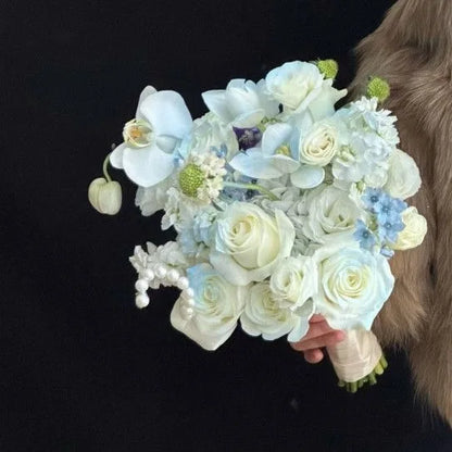 Korean Style Artificial Bridal Hand Bouquet, Tulip Mixed Flower with Ribbon for Wedding Photoshoot, Registry & Party Decor Props