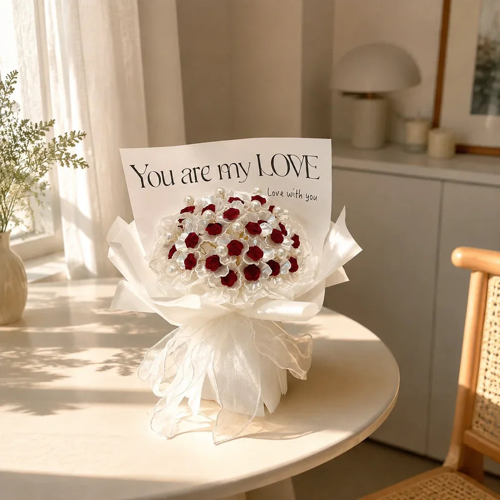 Pearl DIY Rose Bouquet Material Kit Romantic Valentines Day Gift With Light Ribbon Artificial Flower Handmade Set