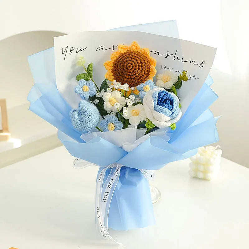Valentine’s Day Crochet Rose Bouquet Finished Knitted Flowers Realistic Artificial Roses Birthday Gift for Mom Loved Ones