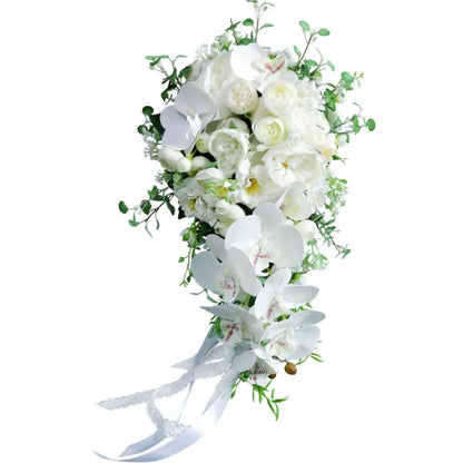 Simple White Moth Orchid Wedding Bouquets for Wedding Ceremony Silk Rose Water Drop Waterfall Buquê De Noiva Para Casamento