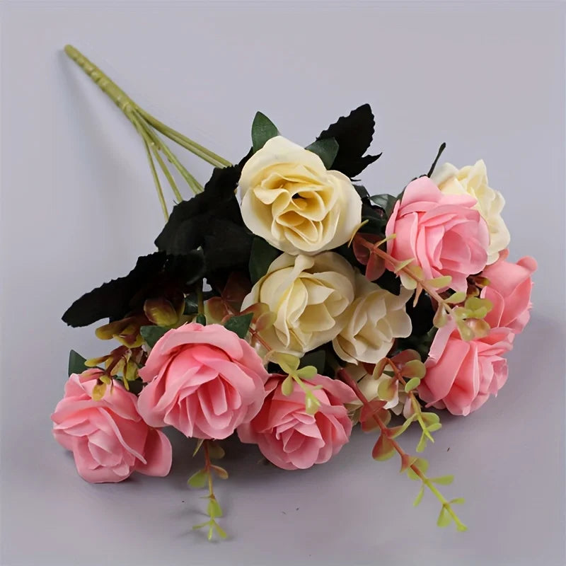 12 Heads Rose Artificial Flowers Fake Two Color Flowers with Stems Faux Roses Flower Bouquets Home Wedding Christmas Party Decor