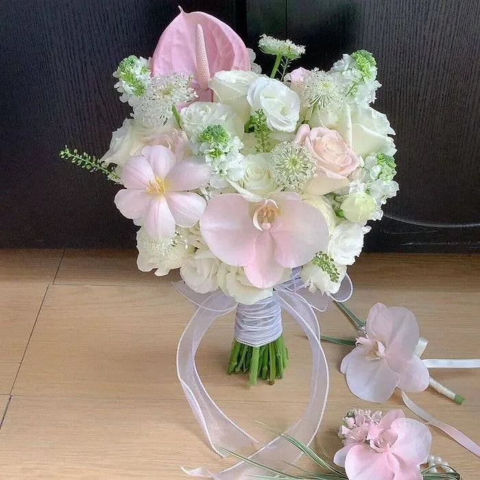 Korean Style Artificial Bridal Hand Bouquet, Tulip Mixed Flower with Ribbon for Wedding Photoshoot, Registry & Party Decor Props