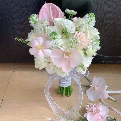 Korean Style Artificial Bridal Hand Bouquet, Tulip Mixed Flower with Ribbon for Wedding Photoshoot, Registry & Party Decor Props