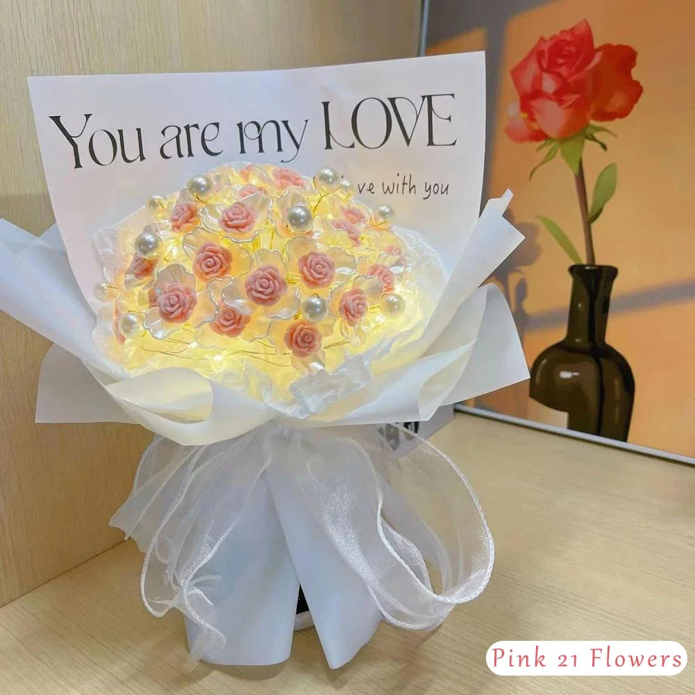 Pearl DIY Rose Bouquet Material Kit Romantic Valentines Day Gift With Light Ribbon Artificial Flower Handmade Set