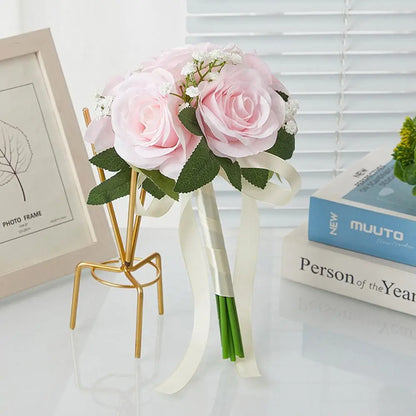 Silk Flower Bridal Bouquet Pre-Made Bowknot Wedding Bouquets for Bride Reusable Fake Flower Artificial Rose Bouquet
