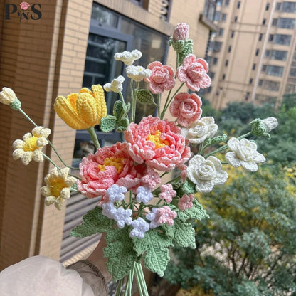 Crochet Flowers Bouquet Handmade Luxury Artifical Flowers Peony Tulip Rose Fake Flowers Wedding Home Decoration Gifts for Lover