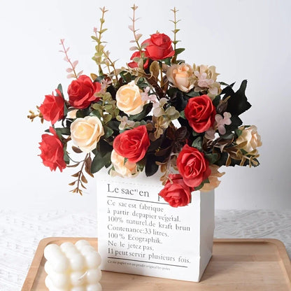 12 Heads Rose Artificial Flowers Fake Two Color Flowers with Stems Faux Roses Flower Bouquets Home Wedding Christmas Party Decor