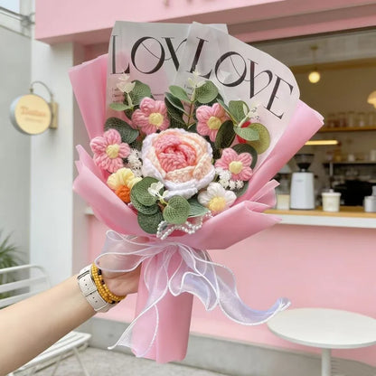Handmade Finished Crochet Roses Sunflower Carnation Artificial Flower Bouquets Preserved Wedding Birthday Gradation Gifts