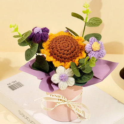 Finished Crochet Sunflowers Potted Artificial Flowers Bouquets Home Table Car Interior Decor Christmas Graduation Birthday Gifts