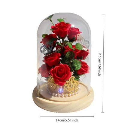 Eternal Red Rose Artificial Flowers with LED Light Creative Valentine's Day Gift Rose in Glass Cover Simulation Rose Flower