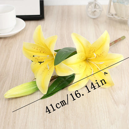 Artificial Silk Flowers Fake Lily Bouquet 41cm Long DIY Creative Two Flowers One Bud Branch Home Decoration Arrangement Flower
