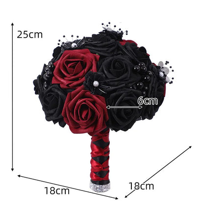 Yannew Black Burgundy Gothic Bridal Bouquets for Bride Bridesmaids Artifiicial Silk Foam Roses Flower Wedding Bouquet Halloween