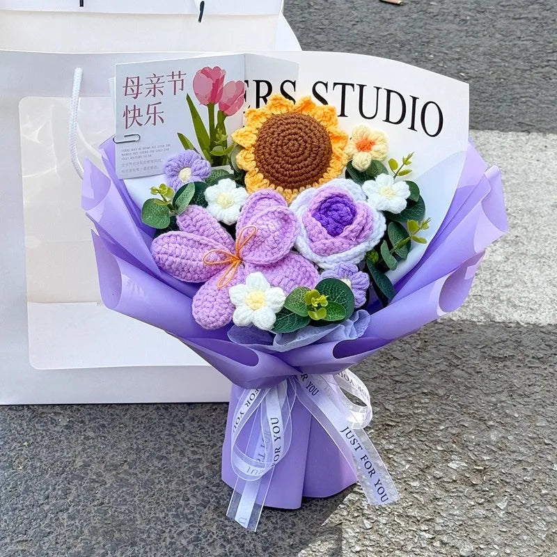 Crochet Flower Bouquet Teachers Day Gift Handmade Knitted Flower Bouquet Finished Handwoven Flower Wedding Flower Christmas Gift