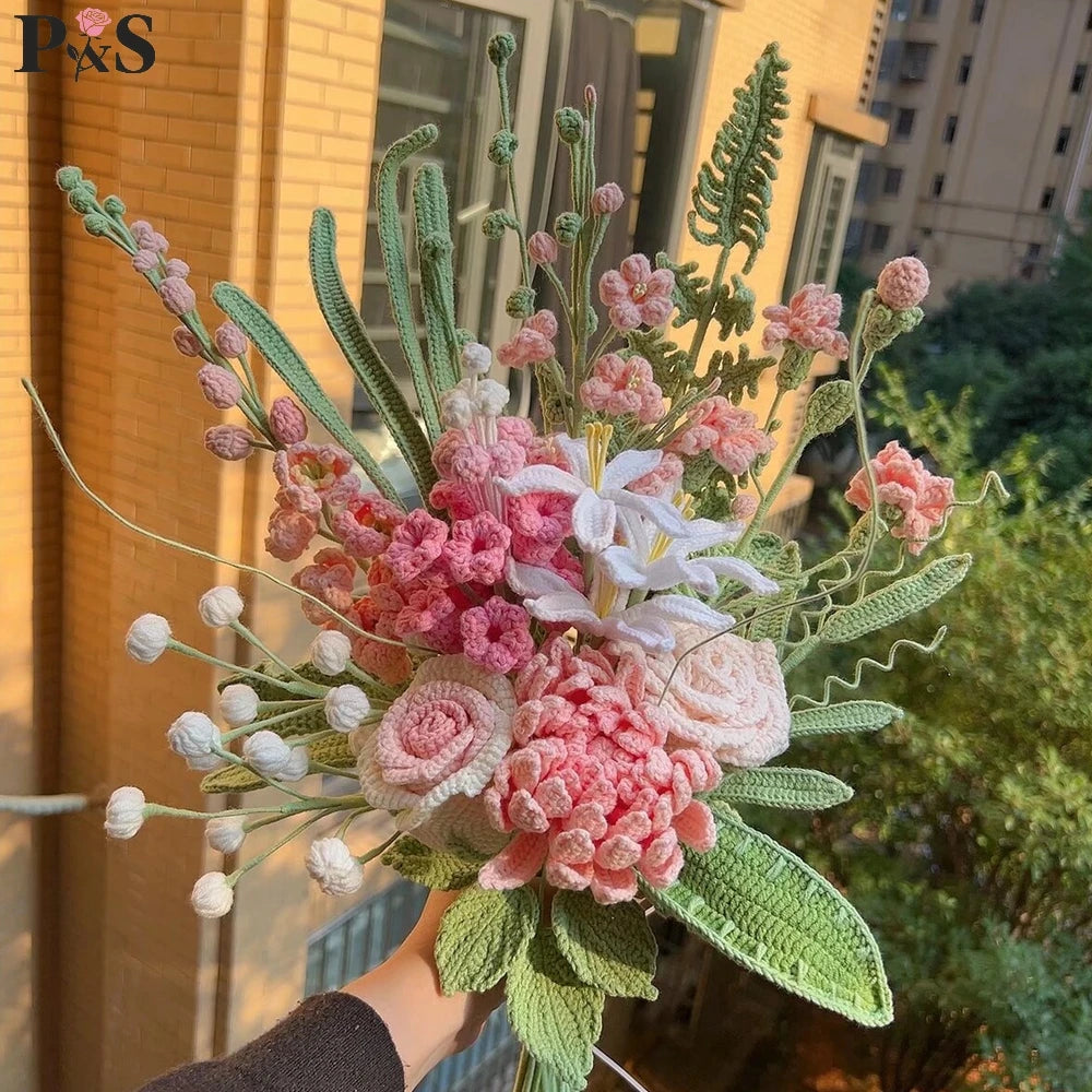 Crochet Flowers Bouquet Handmade Luxury Artifical Flowers Peony Tulip Rose Fake Flowers Wedding Home Decoration Gifts for Lover