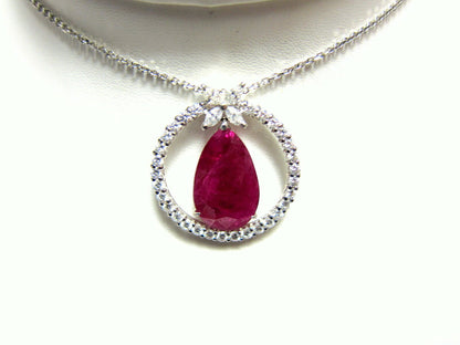 RUBY PEAR SHAPE PENDANT SET WITH ROUND DIAMOND FOUR MARQUISE SHAPE SET AROUND