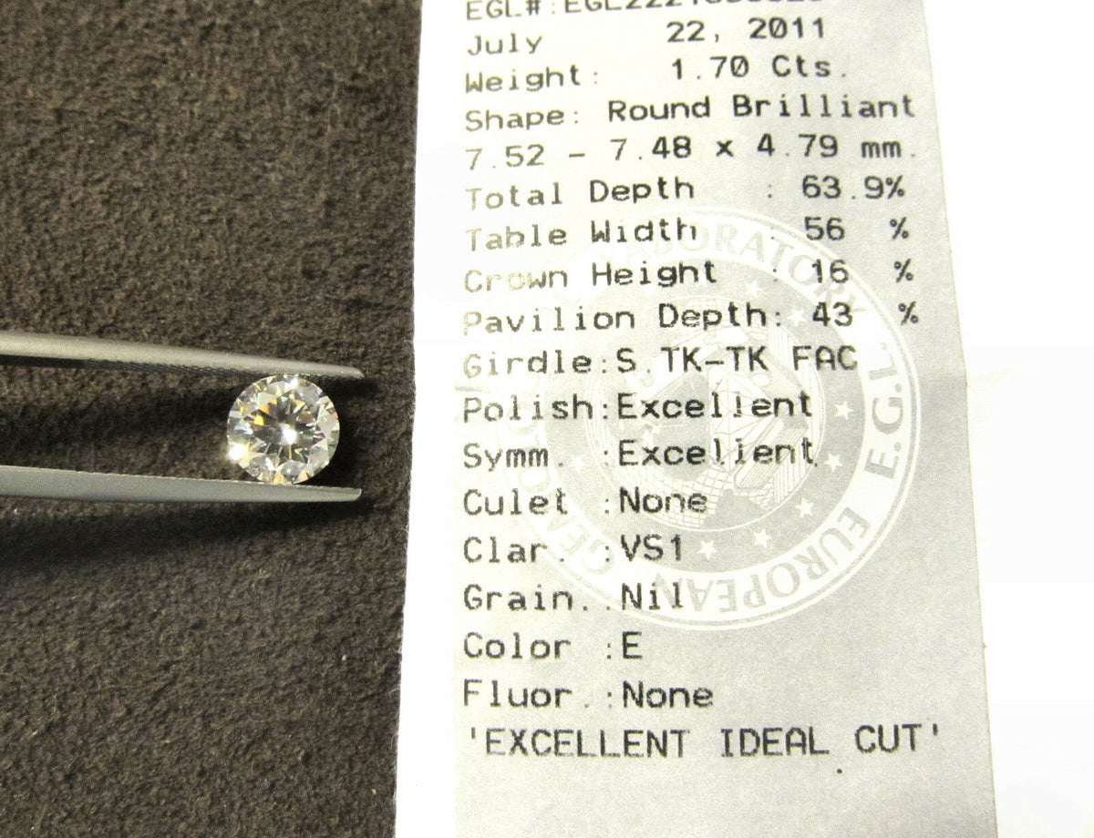 EGL CERTIFIED DIAMOND ROUND BRILLIANT DIAMOND E VS1 LOOSE DIAMOND 1.70 CT TOTAL
