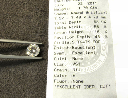 EGL CERTIFIED DIAMOND ROUND BRILLIANT DIAMOND E VS1 LOOSE DIAMOND 1.70 CT TOTAL