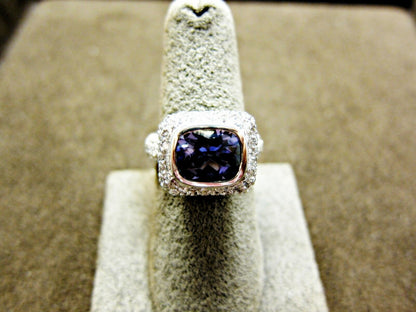 4.60 CT CUSHION IOLITE LIGHT PUPLISH BLUE DIAMOND ROUND BR PAVE SET RING 14 K