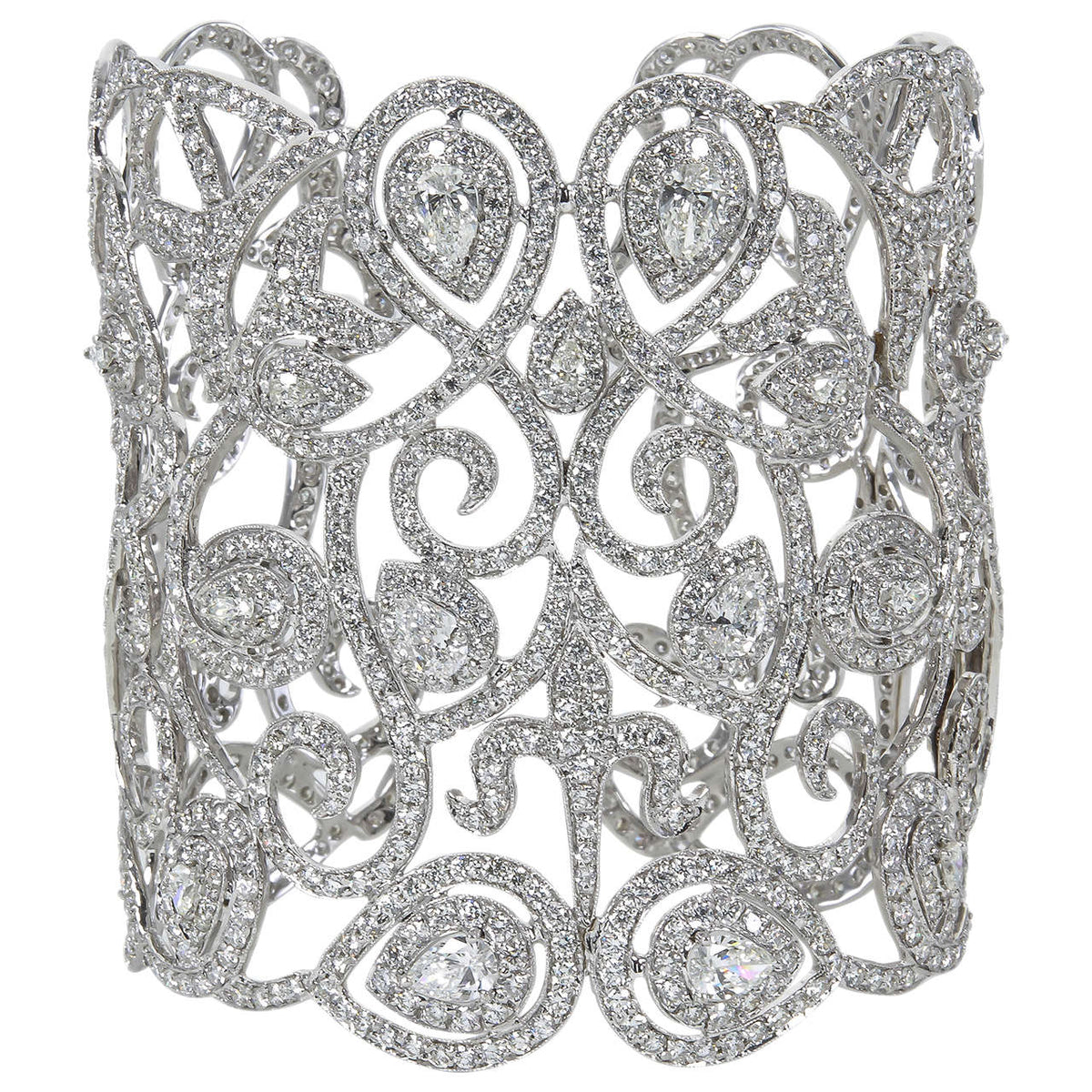 Magnificent 29.40 Carat Diamond 18k White Gold Wide Cuff Bracelet