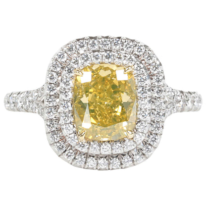 GIA Certified 1.54ct Vivid Yellow Cushion Diamond Platinum Ring