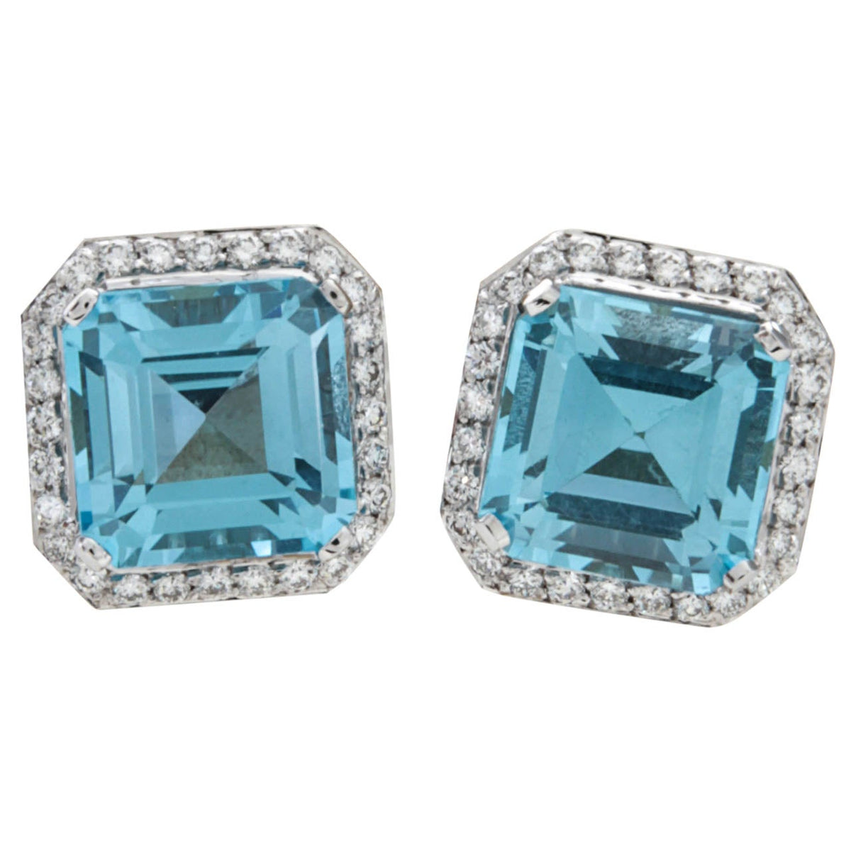 Stunning Blue Topaz Asscher Cut Diamond 18k White Gold Earrings
