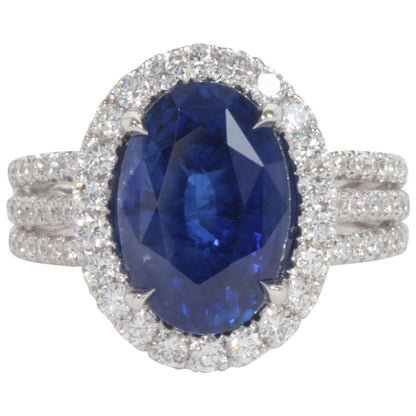 Certified 6.47 Carat Royal Blue Sapphire Oval Diamond Halo Ring