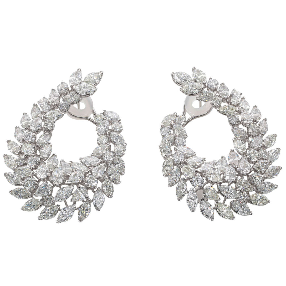 22.45 Carat Diamond 18k White Gold Wreath Swirl Clip-On Earrings