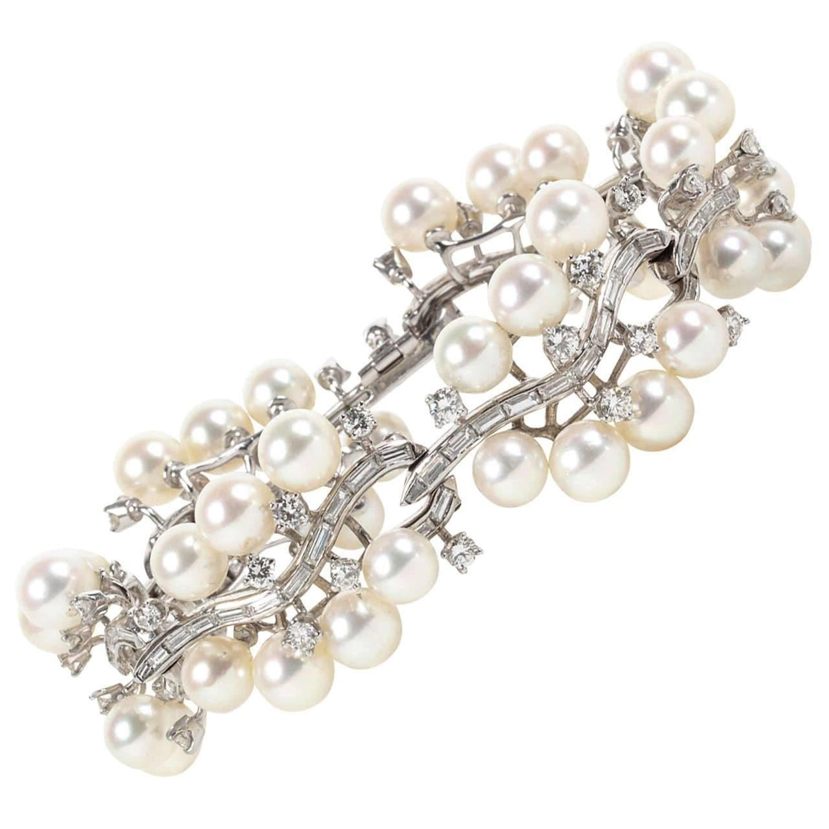 Rare Mid-Century Pearl Diamond Platinum Link Bracelet