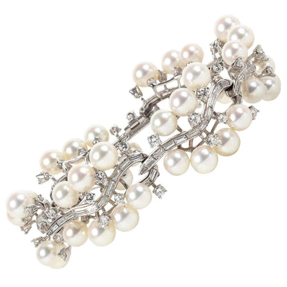 Rare Mid-Century Pearl Diamond Platinum Link Bracelet
