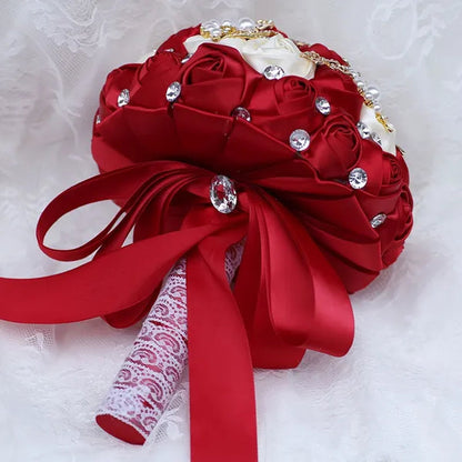 8 Inch Wine Red & Milk White Bridal  Bouquets Artificial Satin Rose Gold Diamond Brooch Bride Holding Flowers Party Valentine Bouquet
