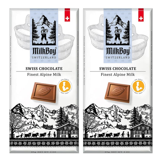 Milkboy Swiss Chocolate Bars - Premium Swiss Alpine Milk Chocolate - Smooth European Milk Chocolates Gift - Sustainably Farmed Cocoa - Gluten Free - 3 Oz, Pack 2