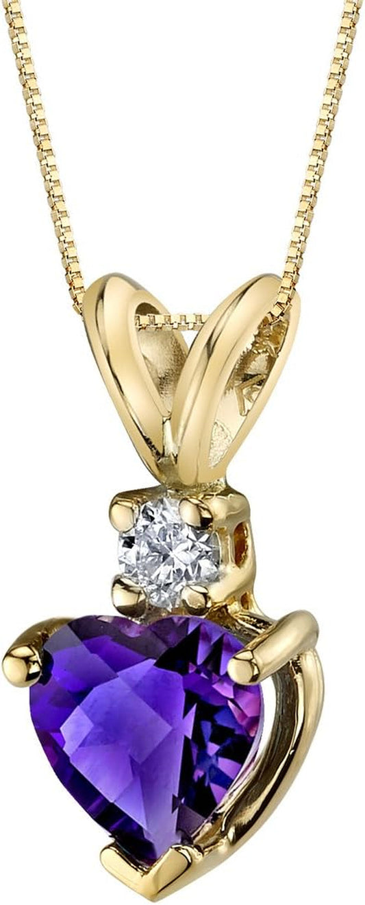 14K Yellow Gold Amethyst with Diamond Pendant for Women, Genuine Gemstone, Heart Shape Solitaire, 6Mm, 0.75 Carat Total, Real Amethyst Necklace, February Birthstone Necklace, W/Jewelry Box