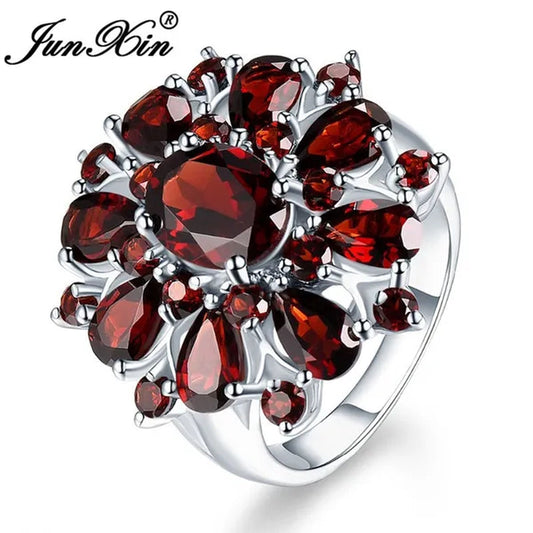 Junxin Fashion Full Of Garnet Red Ruby Wedding Ring Silvery Engagemnet Jewelry Size 6 7 8 9 10