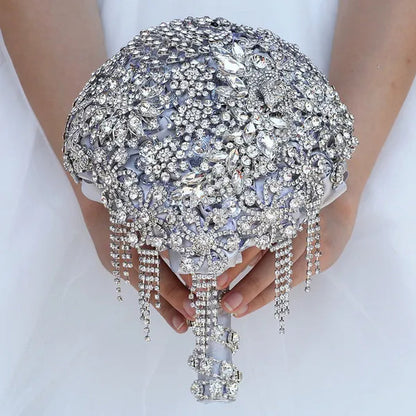 18CM High-end Luxury Full Diamond Bridal Bouquet Silver Rhinestone Brooch Tassel Wedding Flower Bouquet Handmade Bridesmaid Holding Flowers