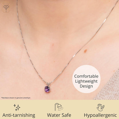 925 Sterling Silver 8Mm Cushion Cut Birthstone Solitaire Pendant Necklace for Women with Box Chain