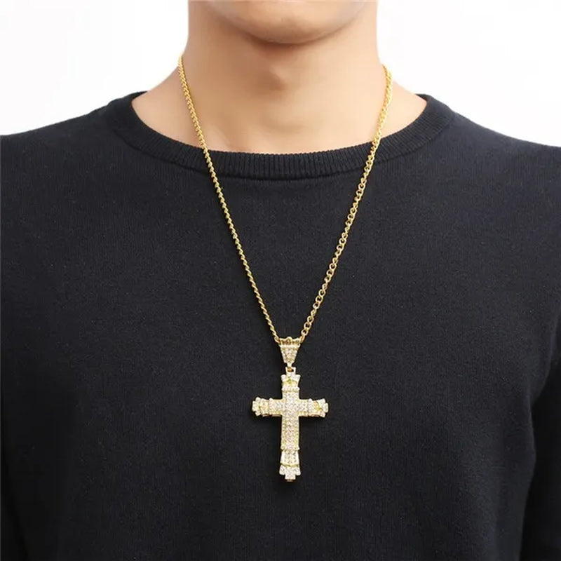 Diamond Miami Cuban Link 24K Gold / 925 Silver Plated Cross Pendant Stainless Steel Hip Hop Necklace