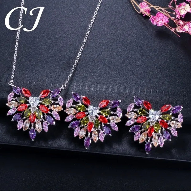 CANDICE New Fashion Women Heart Pendant Jewelry Set Pave Purple Red Green Marquise Cubic Zirconia Party Chain Necklace Big Stud Earrings Sets for Girls Gift