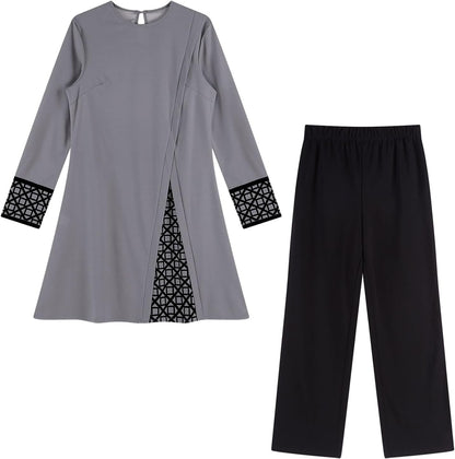 Womens Muslim Abaya 2-Piece Suits Long Sleeve Robe with Pants Outfit Islamic Prayer Clothes Sets