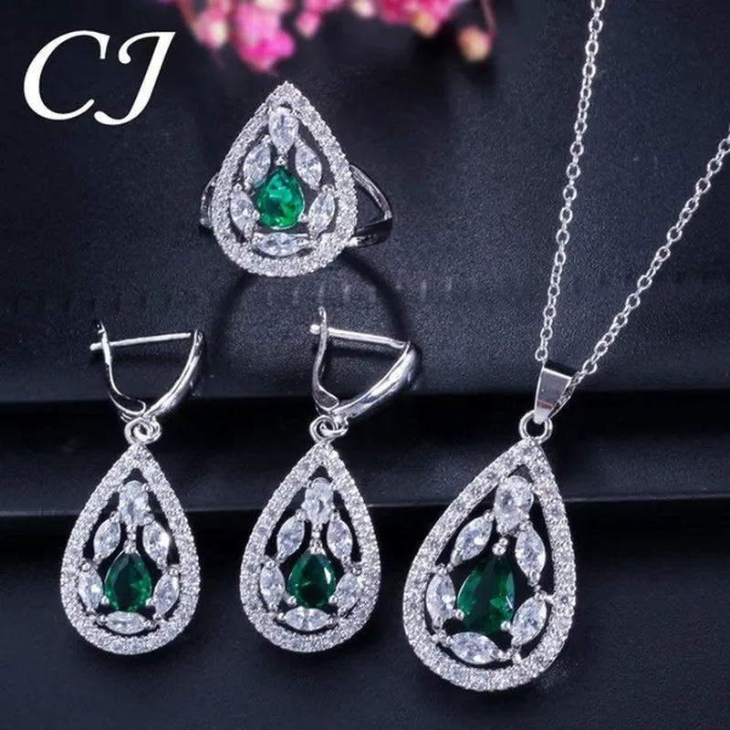 CANDICE Women's Sterling Silver Plated Jewelry Set Summer New Fashion Blue Zircon Necklace Pendant Earrings Ring（US 7-9)
