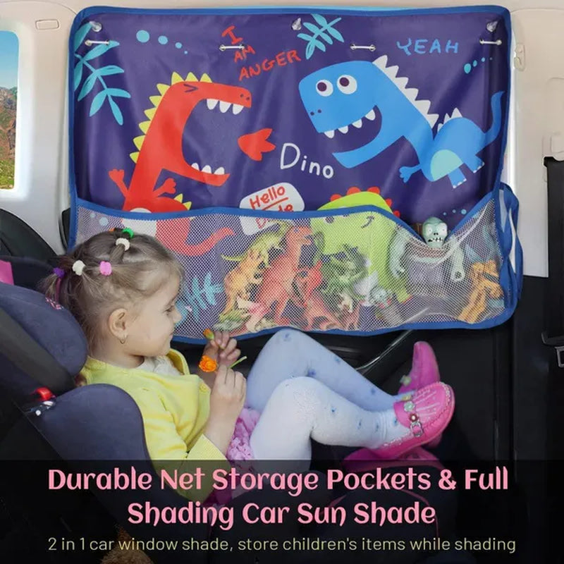 Car Sun Shade Cover Cartoon Side Window Curtain Sunshade Visor Heat Shield UV Protector For Kid Baby Children W/ Storage Net