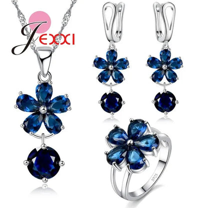 Flower Blue Crystal Sterling Silver Women Trendy Necklace Earrings Ring Bridal Wedding Jewelry Set