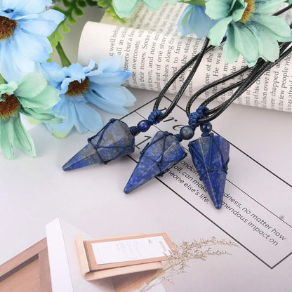 Lapis Lazuli Necklace Blue Quartz Crystal Dowsing Pendulum Divination Healing Necklace Cord Adjustable,Gemstone Hexagonal Pointed Cone Reiki Chakra Pendant