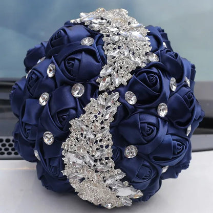 18CM Silk Rose Ribbon Wedding Bouquet Shiny Diamond Brooch Bridal Bouquet Creative Handmade DIY Bridesmaids Holding Flowers Wedding Party Simulation Flower
