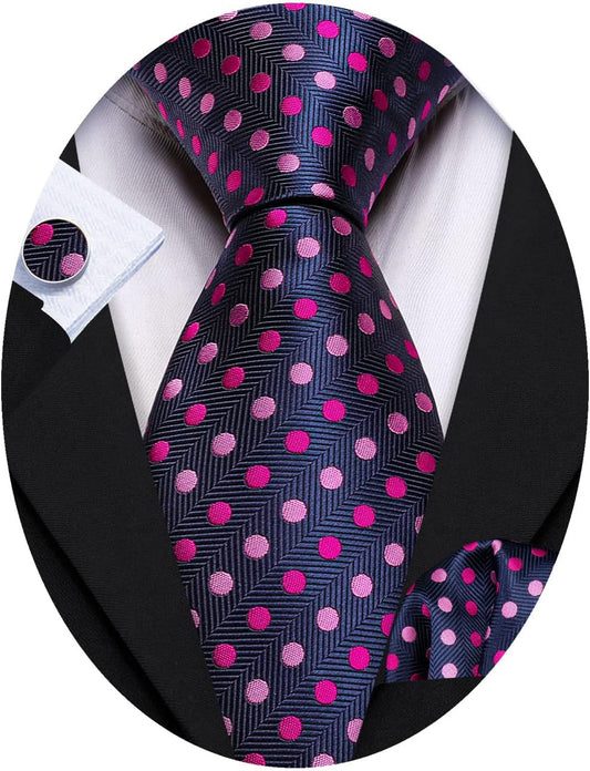 Men'S Tie Set Polka Dot Handkerchief Cufflinks Plaid Fashion Neckties Wedding Business