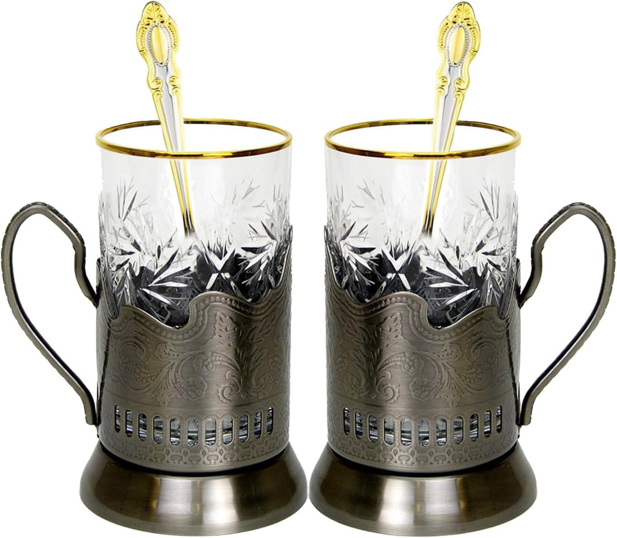 6-Pc Russian Tea Set, 24 Karat Gold Banded Tempered Crystal Glasses with Metal Glass Holders with Handles and Matching Teaspoons Vintage Design (2 Glass/Spoon/Holder)